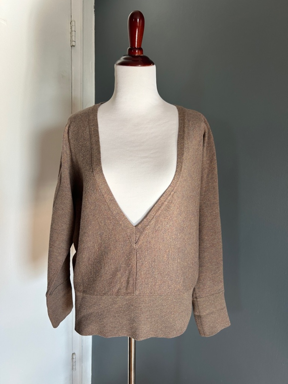 Lemaire Taupe/ Light brown melange Deep V-Neck Sweater in cashmere wool